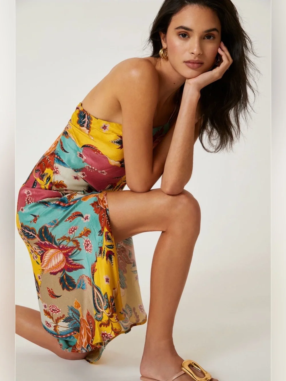 BL-NK Anthropologie One Shoulder Floral Slip Maxi Dress Multicolor Size 6 Boho - Picture 4 of 11